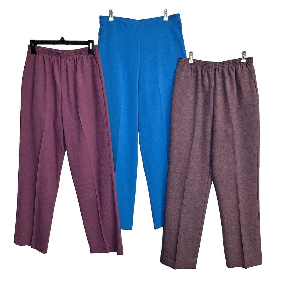 Alfred Dunner Womens Sz 10 Lot 3 Pants Elastic Waist Pull On Blue Plum Mauve NWT